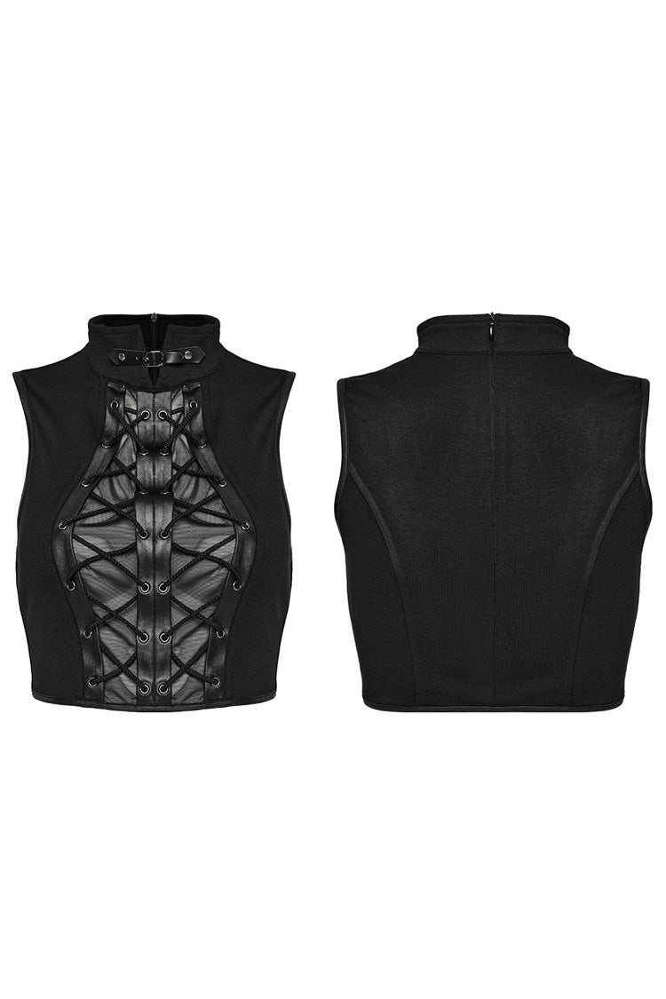 Women's Black Punk Tank Top, Lace-Up with Ripped Details and High Collar