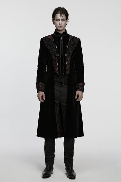 Crimson & Obsidian Stand Collar Long Sleeves Floral Jacquard Double-Breasted Zipper Gothic Coat