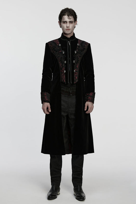 Crimson & Obsidian Stand Collar Long Sleeves Floral Jacquard Double-Breasted Zipper Gothic Coat
