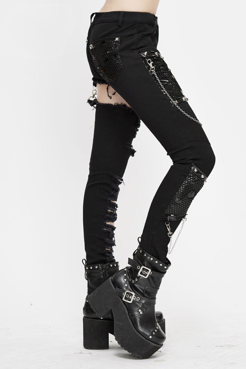 Shadow Spliced Chain-Accented Trousers with Ripped Details