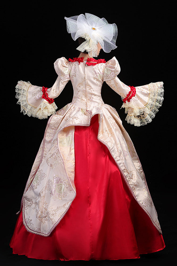 High-Waisted Victorian Prom Dress with Trumpet Sleeves and Floral Embroidery in Wine/Gold - CourtlyElegance