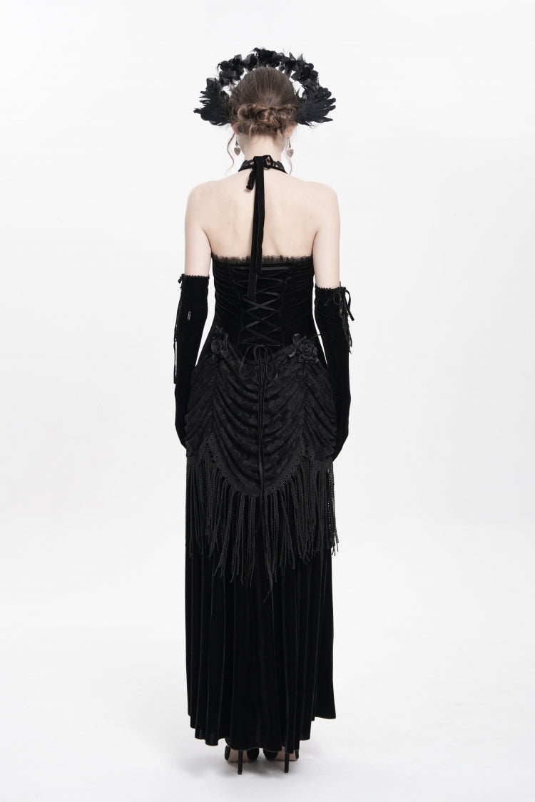 No-Sleeve Floral Lace-Up Pleated Gothic Maxi Gown