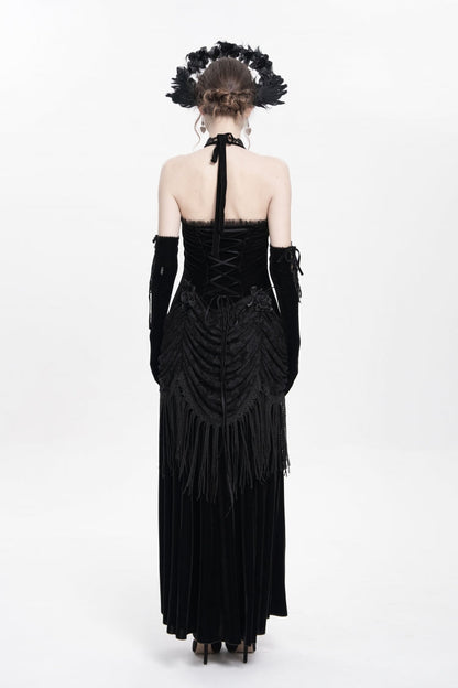 No-Sleeve Floral Lace-Up Pleated Gothic Maxi Gown