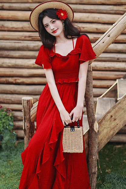 Crimson Halterneck Vintage Lolita Long Skirt Set with Ruffles