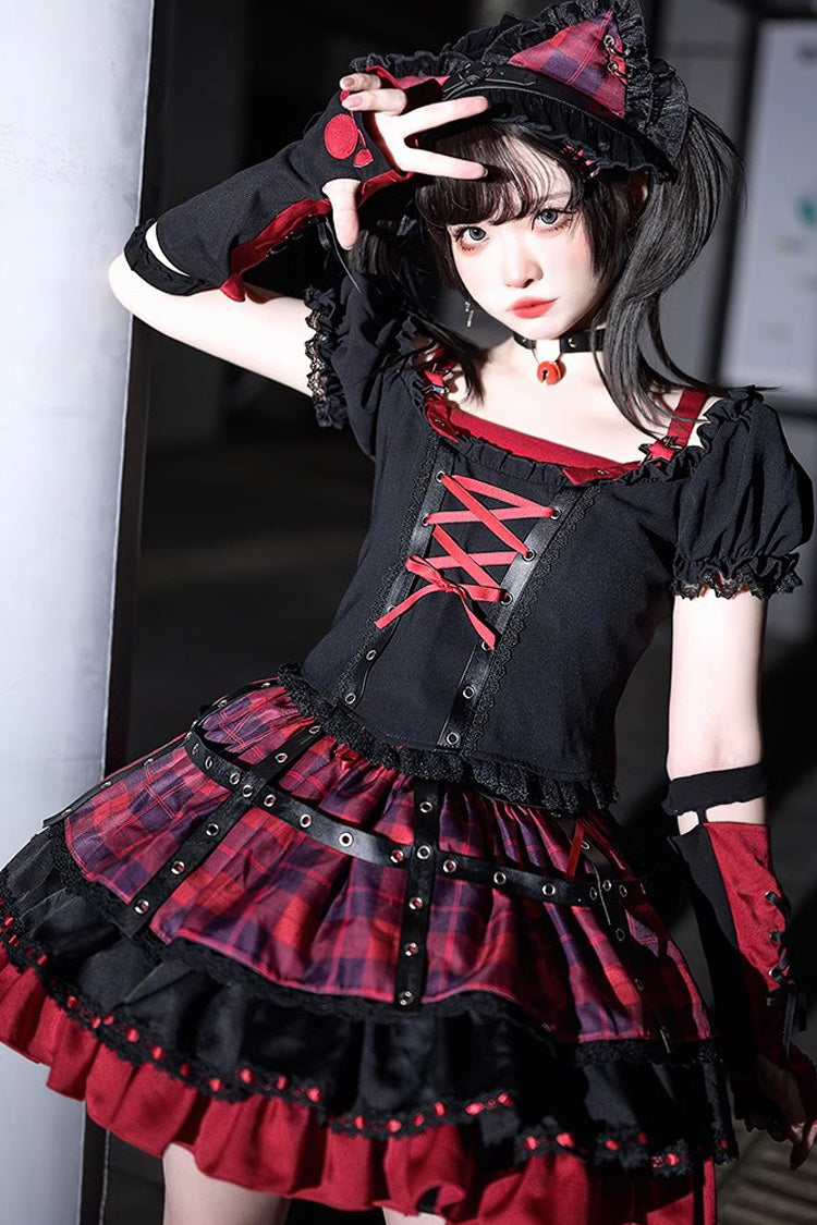 Crimson & Charcoal Floral Ruffle Laced Goth Princess Skirt Ensemble