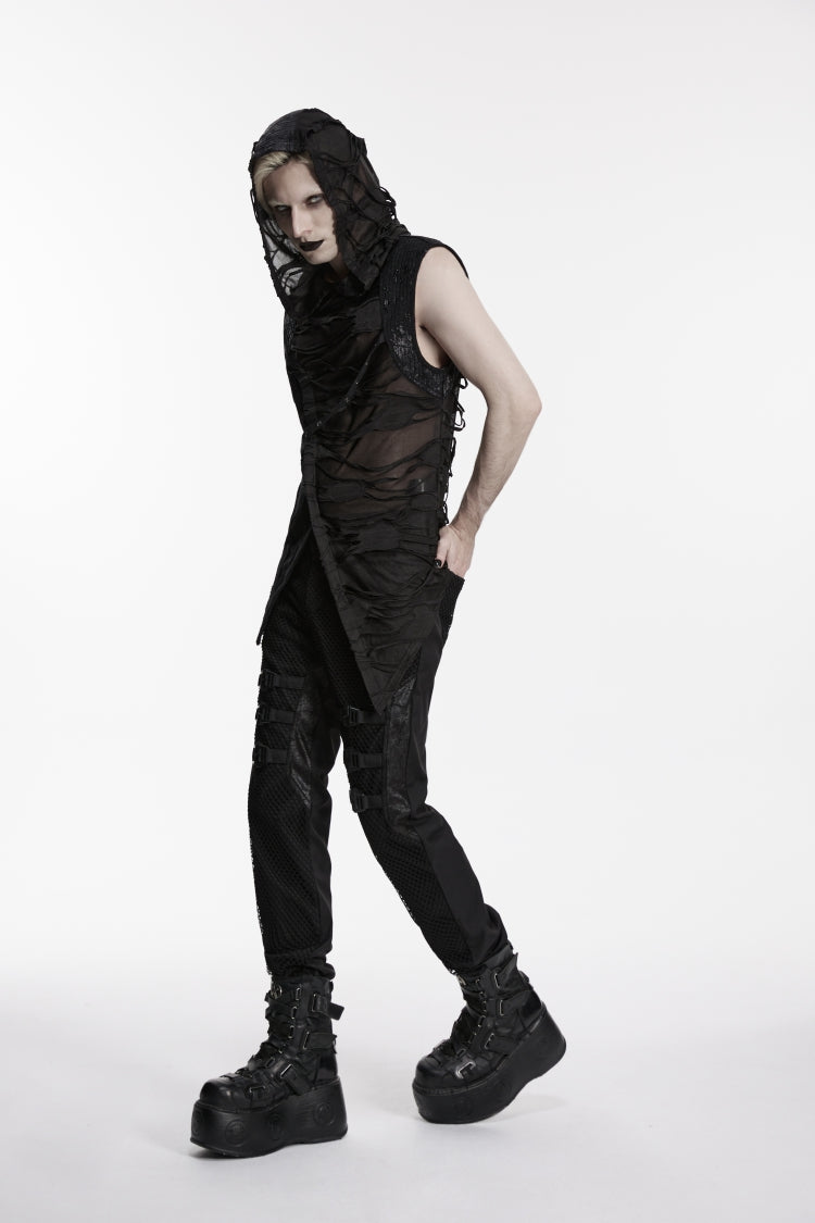 No-Sleeve Lace-Up Sheer Asymmetric Eyelet Punk Waistcoat