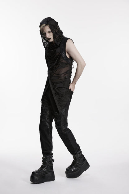 No-Sleeve Lace-Up Sheer Asymmetric Eyelet Punk Waistcoat