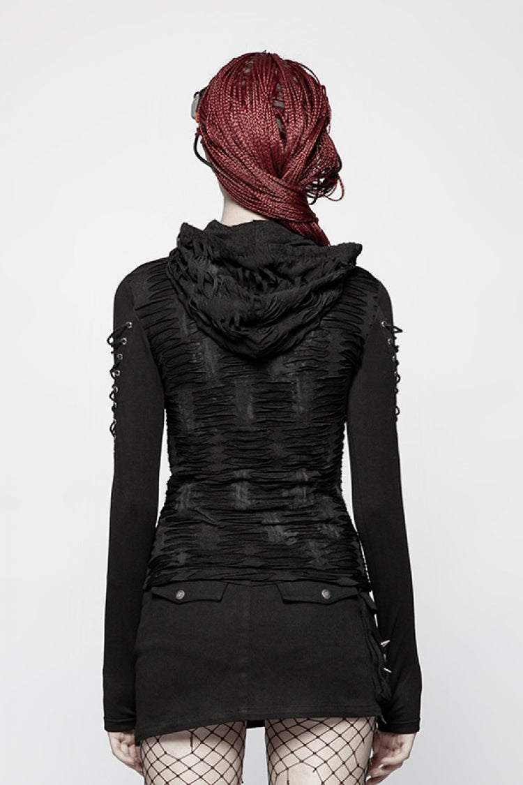 Ebony Long-Sleeve Fitted Hooded Ripped Steampunk Tee
