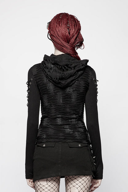 Ebony Long-Sleeve Fitted Hooded Ripped Steampunk Tee