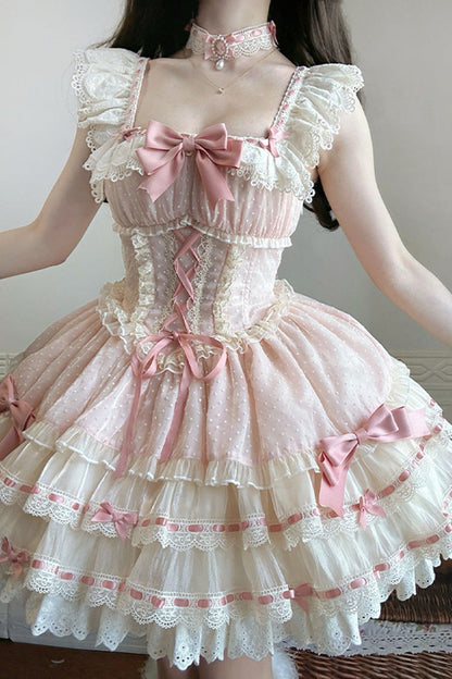 Blush Double-Layered Ruffle Bow Lace-Up Ballerina JSK - Flory Butterfly