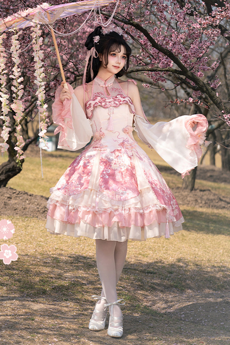 Blush Multi-Layered Print Ruffle Bow Chinese Style JSK - Flower Feast