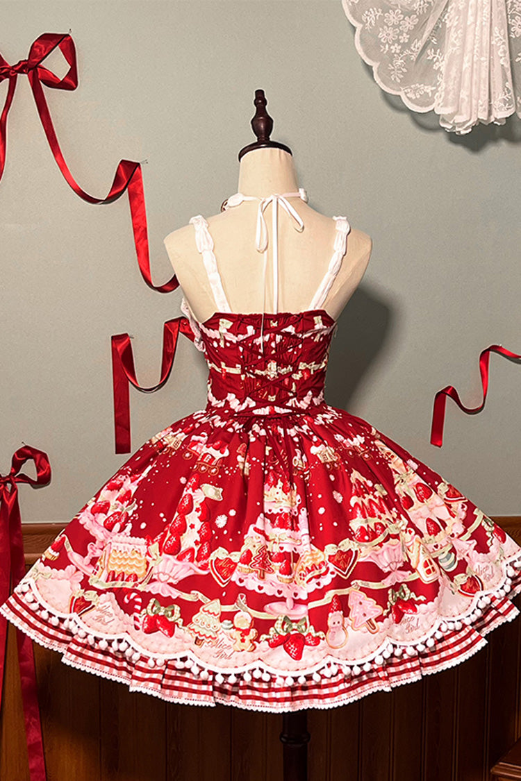 Natural Waisted Ruffle Bowknot Sweet Lolita JSK Dress with Strawberry Dessert Print - 4 Colors