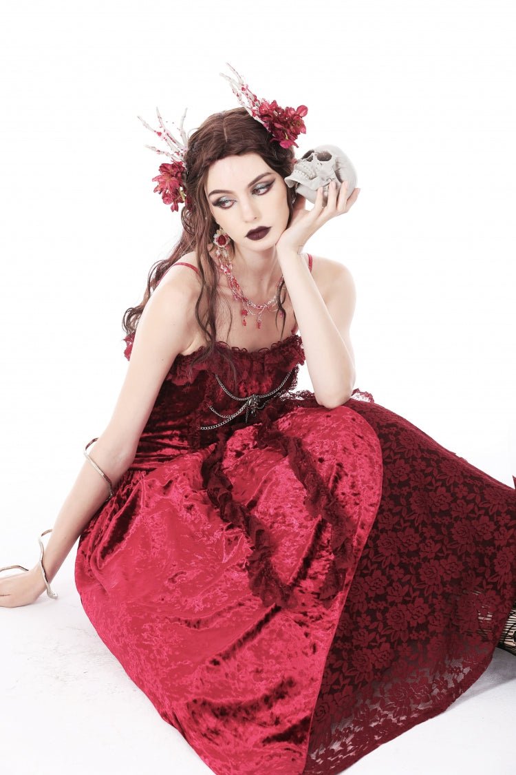 Crimson Sleeveless Gothic Velvet Slip Maxi Dress with Lace and Chains