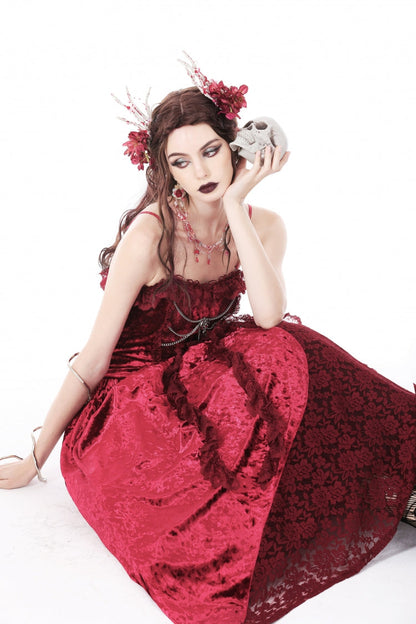 Crimson Sleeveless Gothic Velvet Slip Maxi Dress with Lace and Chains