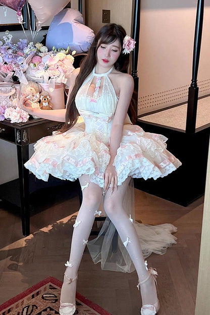 Sweet Princess Lolita Frocks with Halterneck Ruffles & Lace-Up Bows in Cream