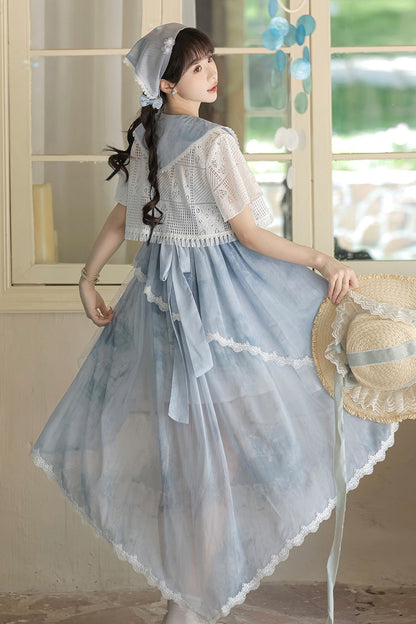 Azure Clouds Resting in the Wilderness Print Ruffle Embroidery Bow Lace Irregular Lolita Jumper Dress