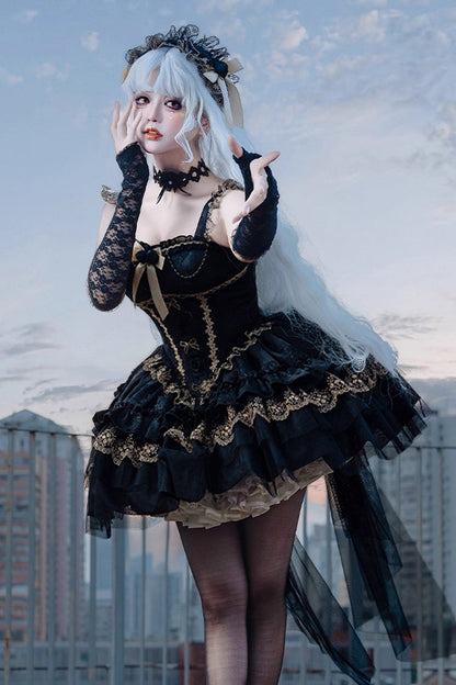 Slim Gothic Ballet JSK Dress with Multi-Layered Ruffles and Lace in Black
