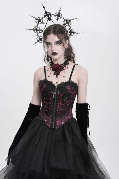 Crimson Gothic Vest with Embroidery Lace and Chain Details