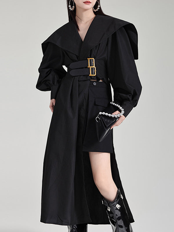 Pleated Black Asymmetric Lapel Waisted Long High Modern Belted