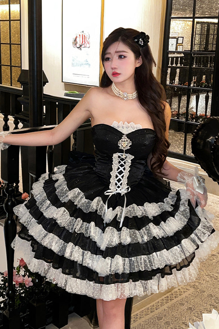 Ebony Off-Shoulder Sleeveless Tiered Bow Lace Princess Gown - Heartbeat at First Sight