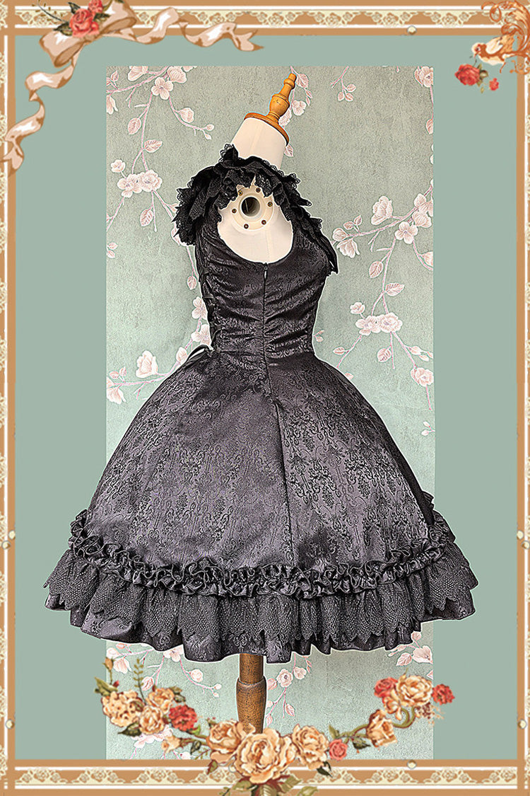 Gothic JSK Dress with Floral Print, Round Collar, and Ruffled Bow in Black