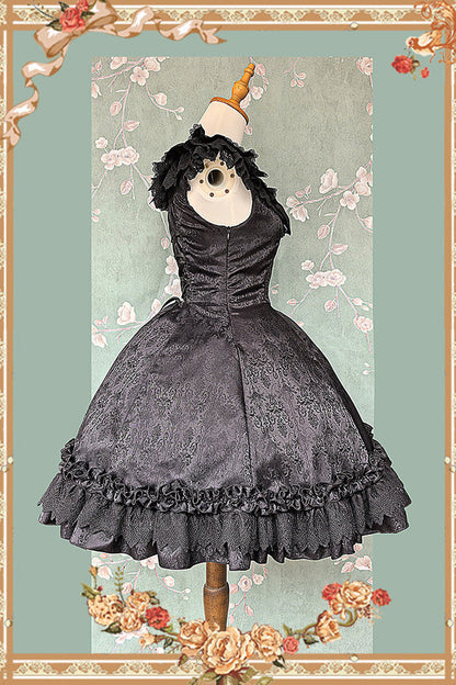 Gothic JSK Dress with Floral Print, Round Collar, and Ruffled Bow in Black