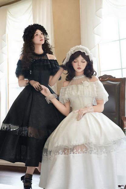 Elegant Lolita Dress with Off-Shoulder Neckline and Ruffle Print in Black