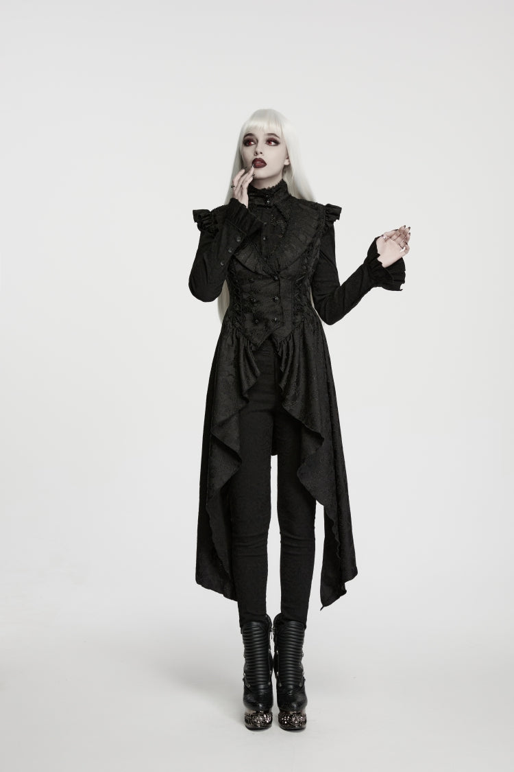 Women's Black Gothic Vest, Jacquard Cut-Out with Lace-Up and Asymmetric Design