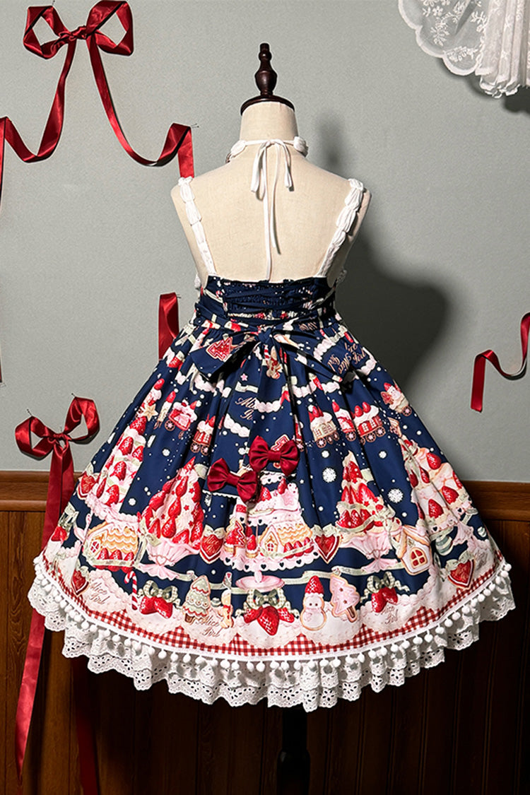 High Waisted Ruffle Bowknot Sweet Lolita JSK Dress with Strawberry Dessert Print - 4 Colors