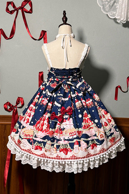 High Waisted Ruffle Bowknot Sweet Lolita JSK Dress with Strawberry Dessert Print - 4 Colors