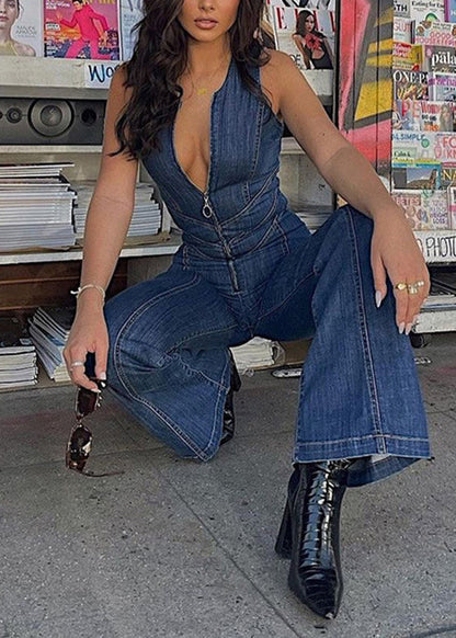 Backless Zip Jumpsuit Blue New Up Sleeveless Denim