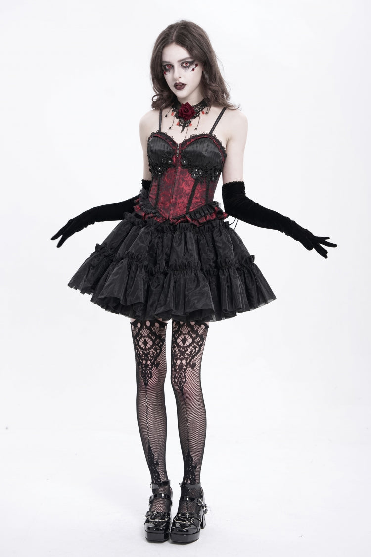 Crimson Gothic Tank Top with Lace-Up Embroidery and Ruffle Trim