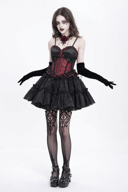 Crimson Gothic Tank Top with Lace-Up Embroidery and Ruffle Trim