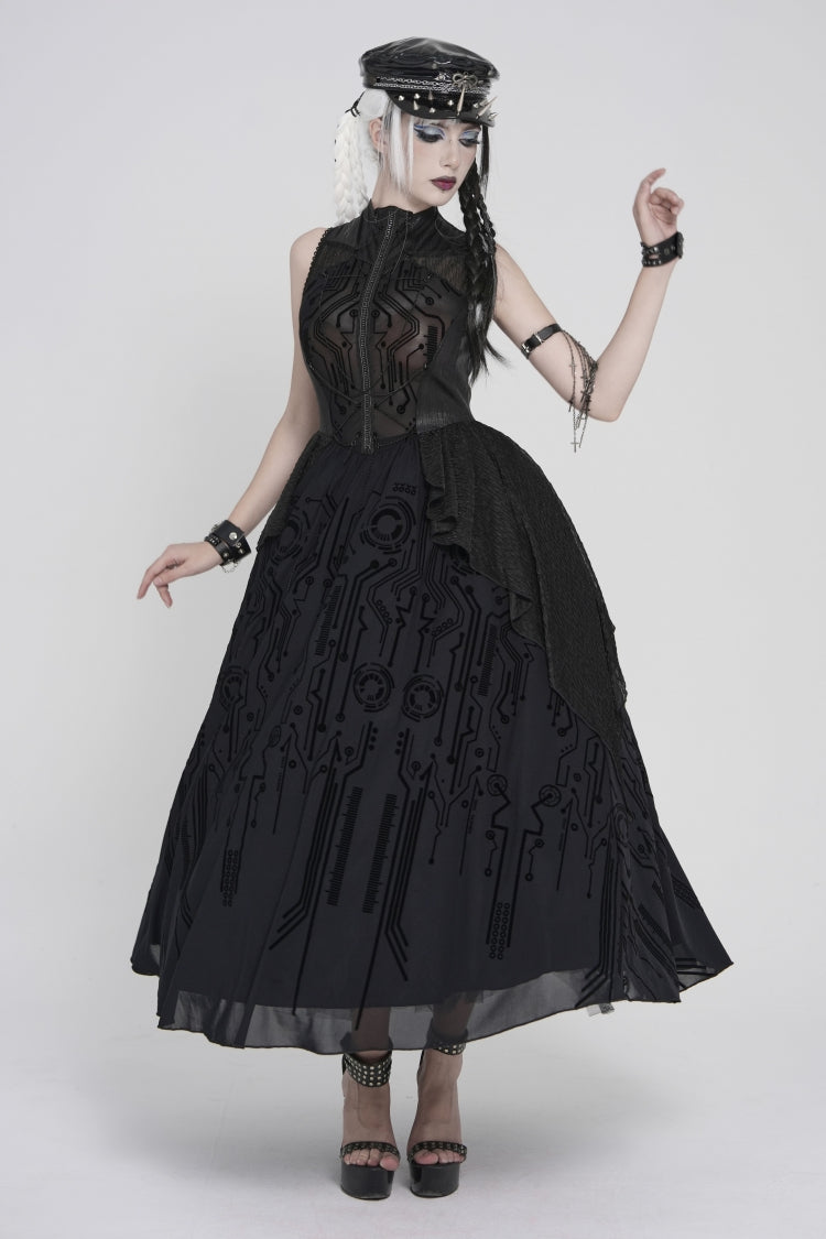 Gorgeous Black Punk Dress for Women, Layered Print with Sheer Fabric