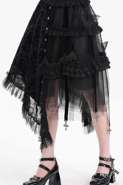 Gothic Luxurious Asymmetric Pleated Skirt with Black Jacquard Cut-Out Lace