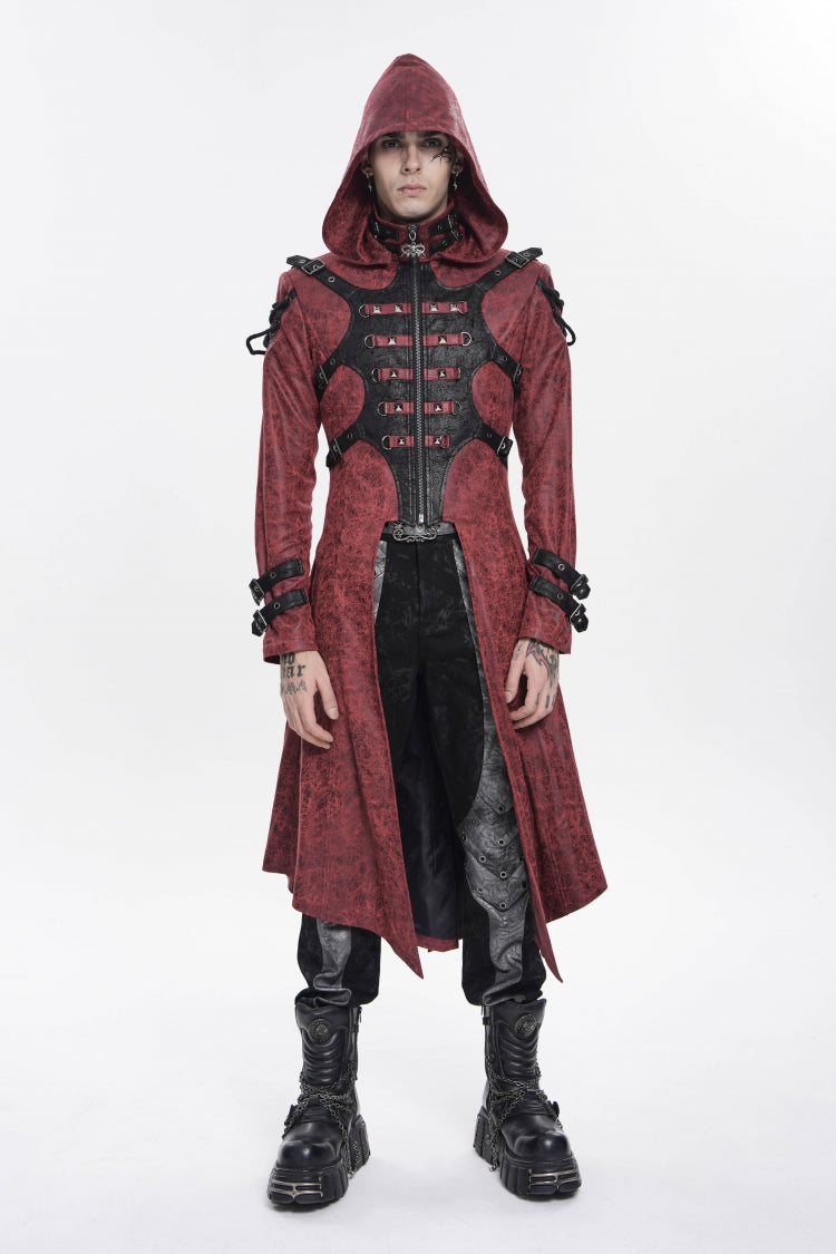 Crimson High-Neck Punk Hooded Jacket with Prints, Studs, and Zippers
