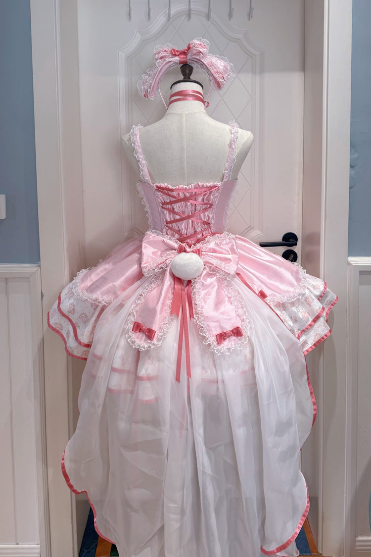 Blush Square Neck Triple-Tier Polka Dot Ruffle Bow Lace JSK - Jasmine Rain