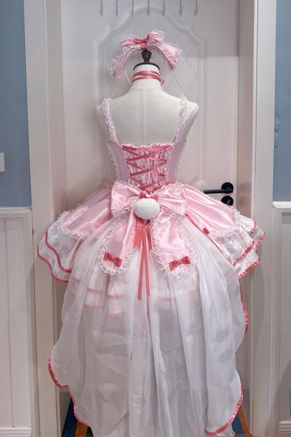Blush Square Neck Triple-Tier Polka Dot Ruffle Bow Lace JSK - Jasmine Rain