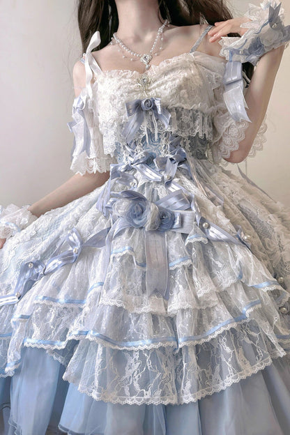 Azure Diane Rose Short Sleeve Multi-Layered Jacquard Ruffle Hanayome Cardigan Bow Lace Sweet Lolita Gown