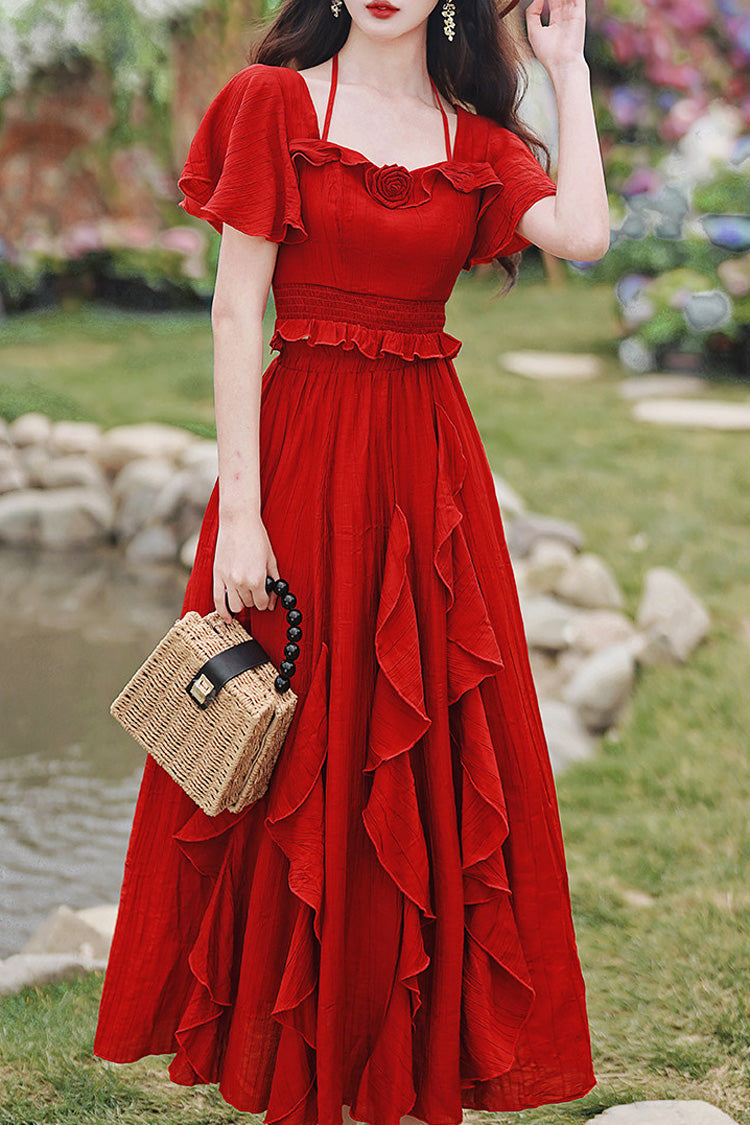 Crimson Halterneck Vintage Lolita Long Skirt Set with Ruffles