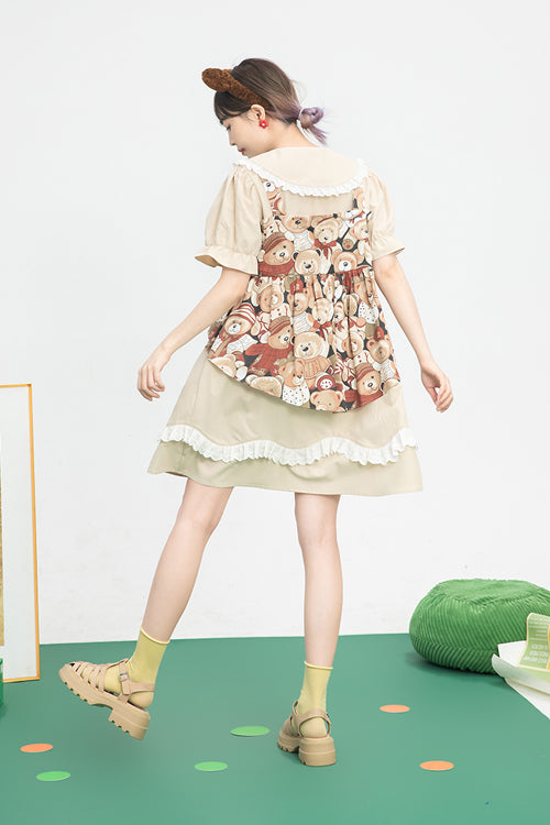 Sweet Lolita Frocks with Doll Collar, Bear Print & Faux Two-Piece Design