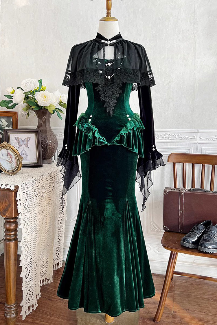 Emerald Ruffle Embroidery Slim Elegant Lolita Jumper Fishtail Gown