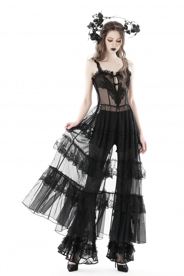 No-Sleeve Layered Lace Sheer Mesh Gothic Slip Gown