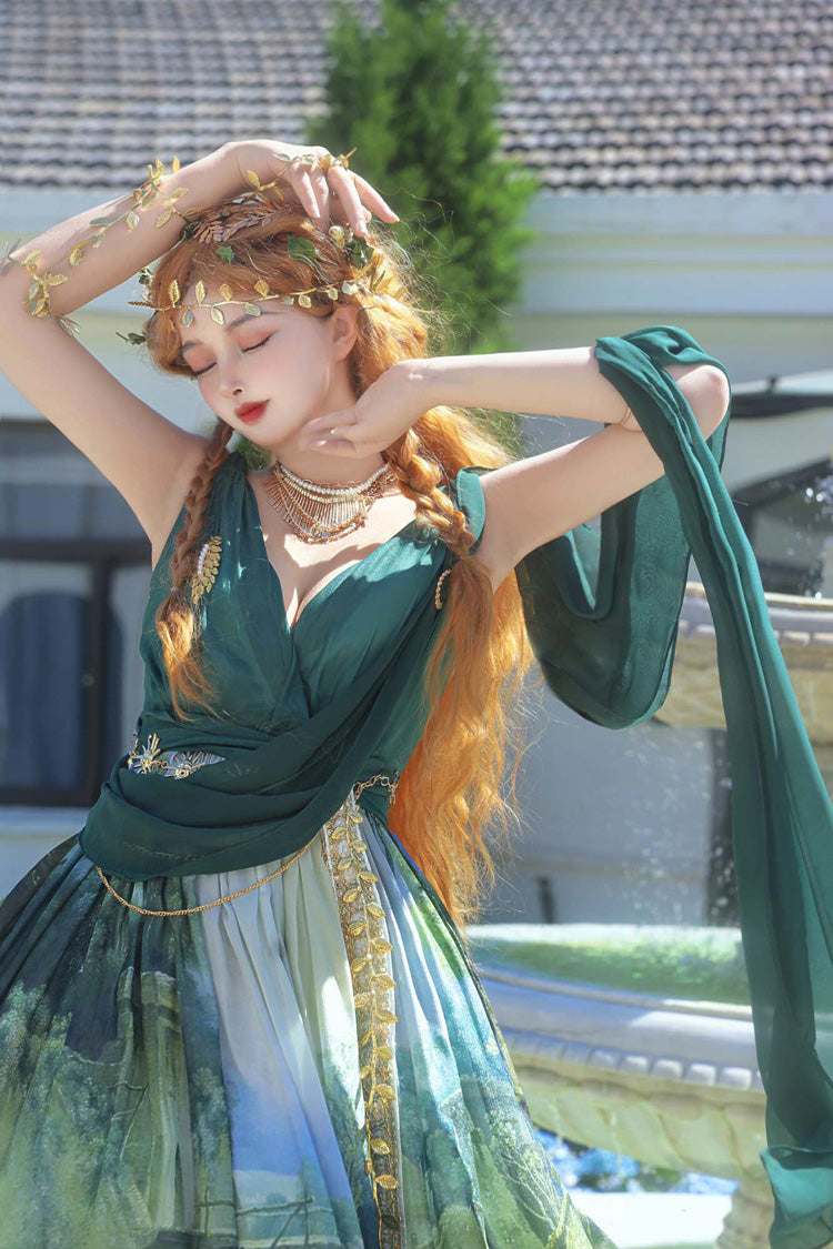 Emerald Grace Favor V-Neck Sleeveless Oil-Painting Printed JSK