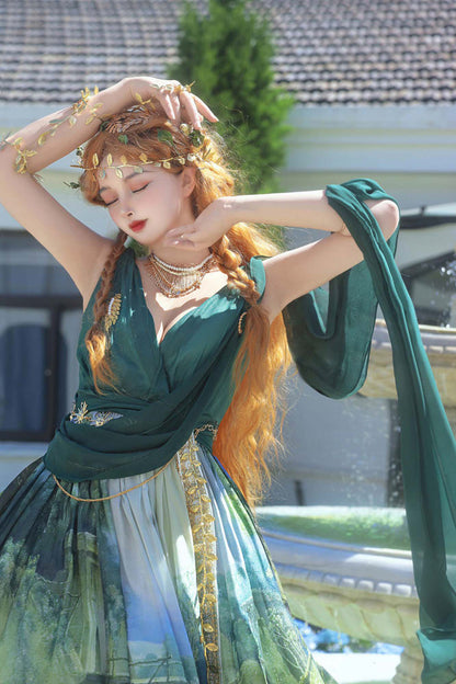 Emerald Grace Favor V-Neck Sleeveless Oil-Painting Printed JSK