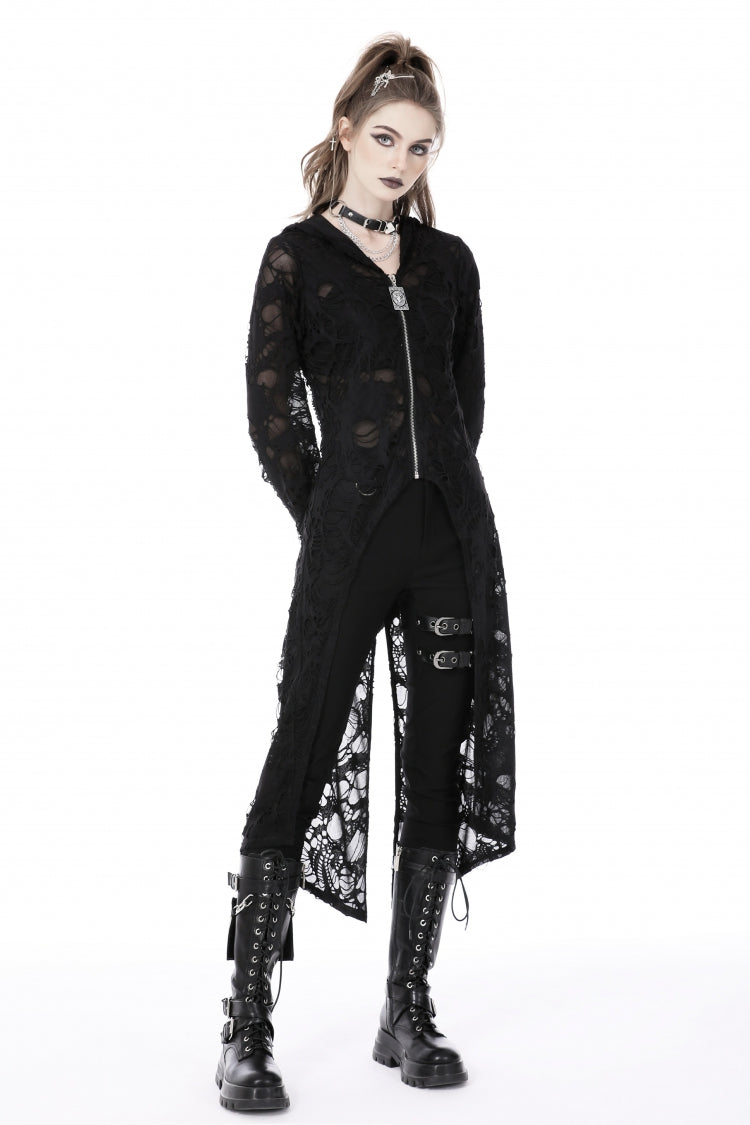 Ebony Long-Sleeve Ripped Zip Punk Long Hooded Coat