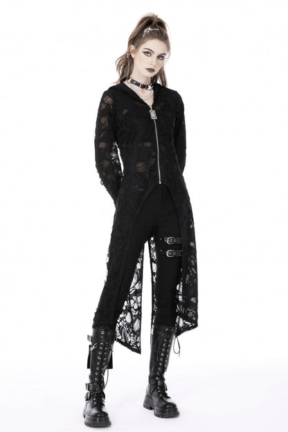 Ebony Long-Sleeve Ripped Zip Punk Long Hooded Coat