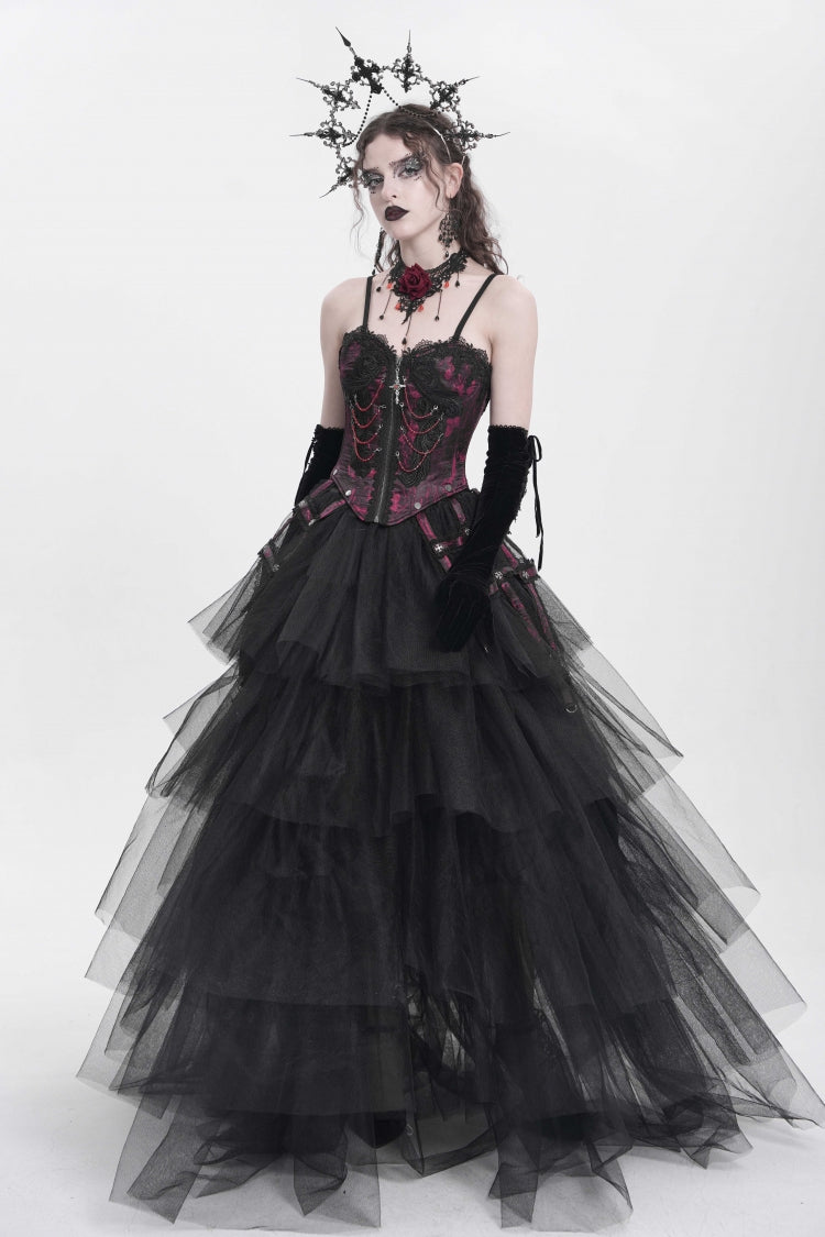 Crimson Gothic Vest with Embroidery Lace and Chain Details