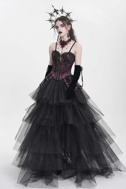 Crimson Gothic Vest with Embroidery Lace and Chain Details
