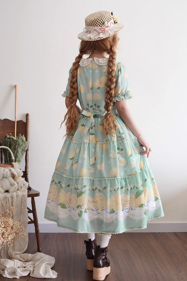 Emerald Lemon Chicken Short-Sleeve Ruffle Bow Daily Sweet Dress